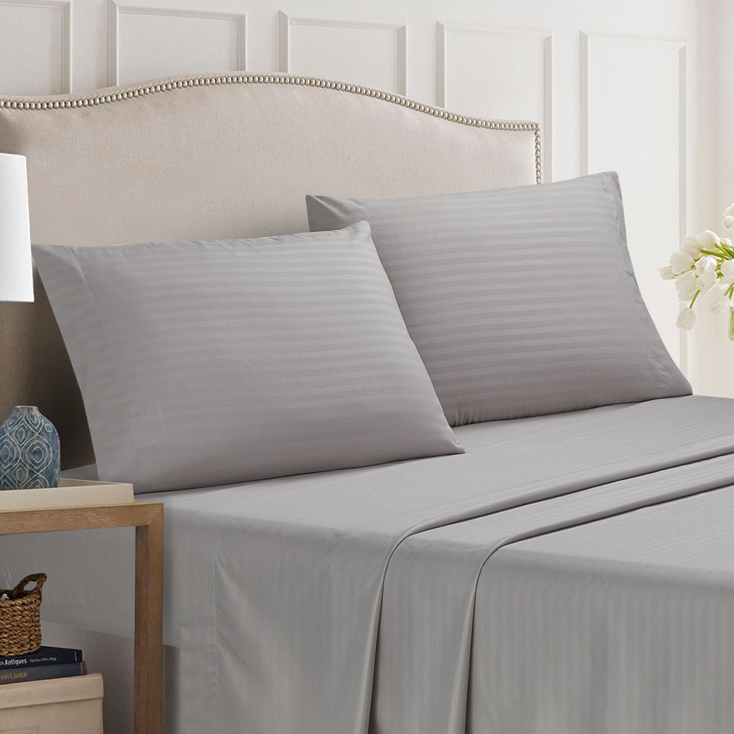 4-Piece Dobby Stripe Border Sheet Set - Sky Gray