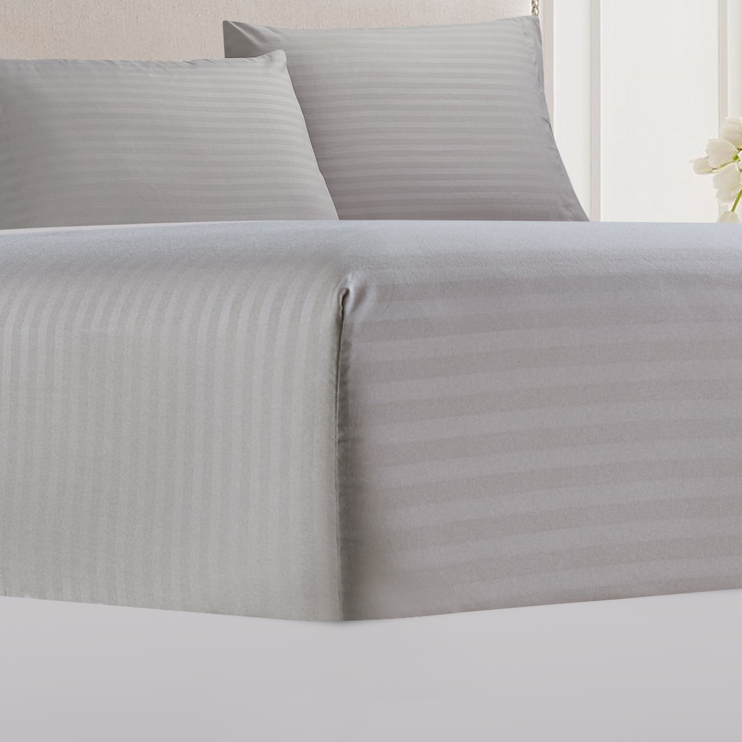 4-Piece Dobby Stripe Border Sheet Set - Sky Gray