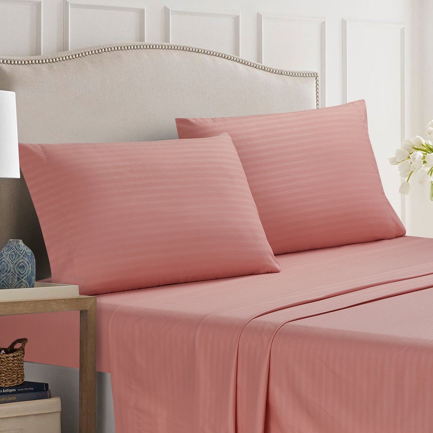 4-Piece Dobby Stripe Border Sheet Set - Rose Smoke