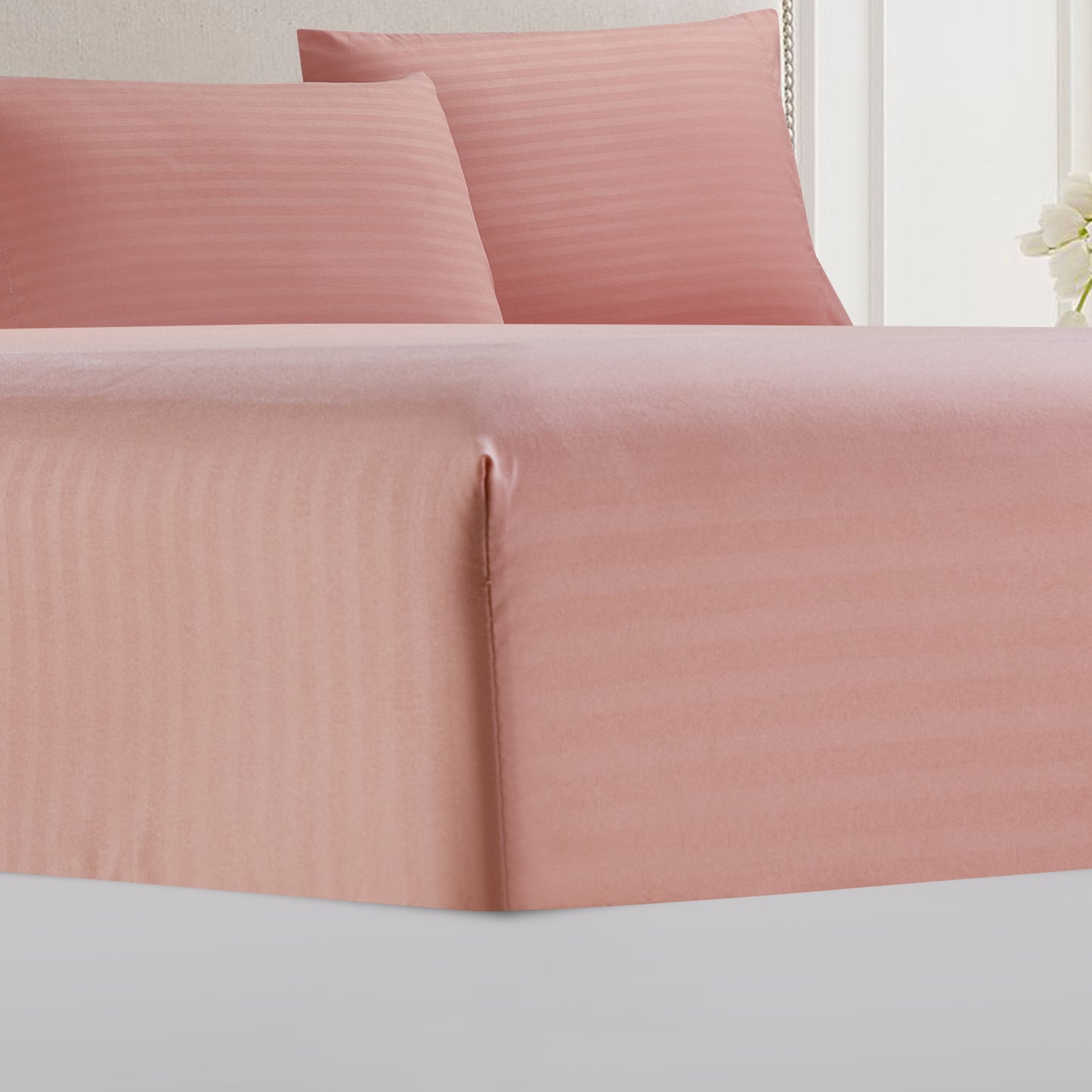 4-Piece Dobby Stripe Border Sheet Set - Rose Smoke