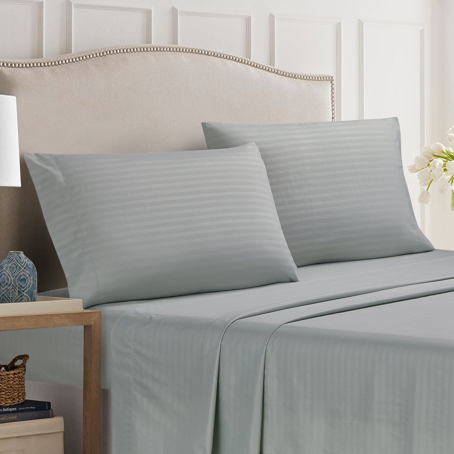 4-Piece Dobby Stripe Border Sheet Set - Pumice Stone