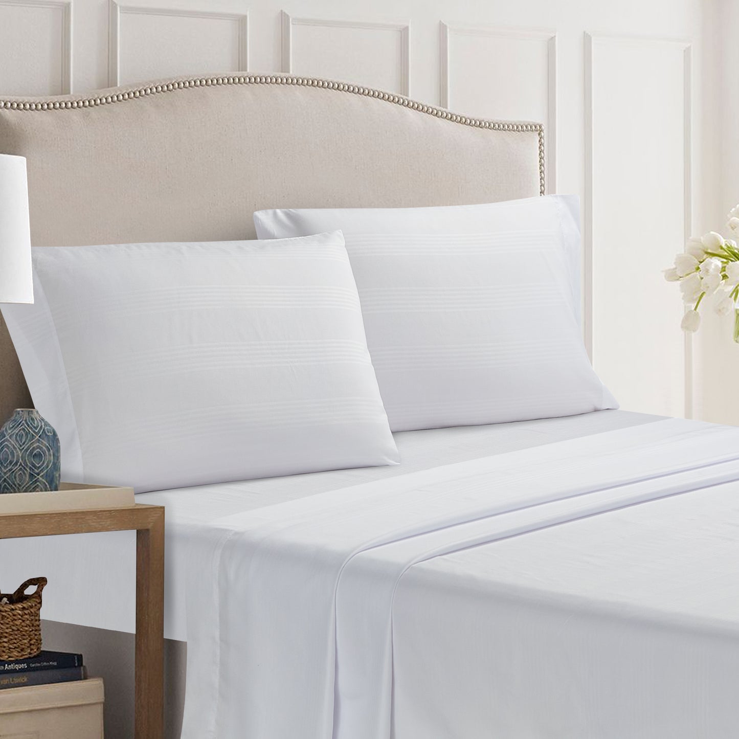 4-Piece Classic Stripe Border Sheet Set - White