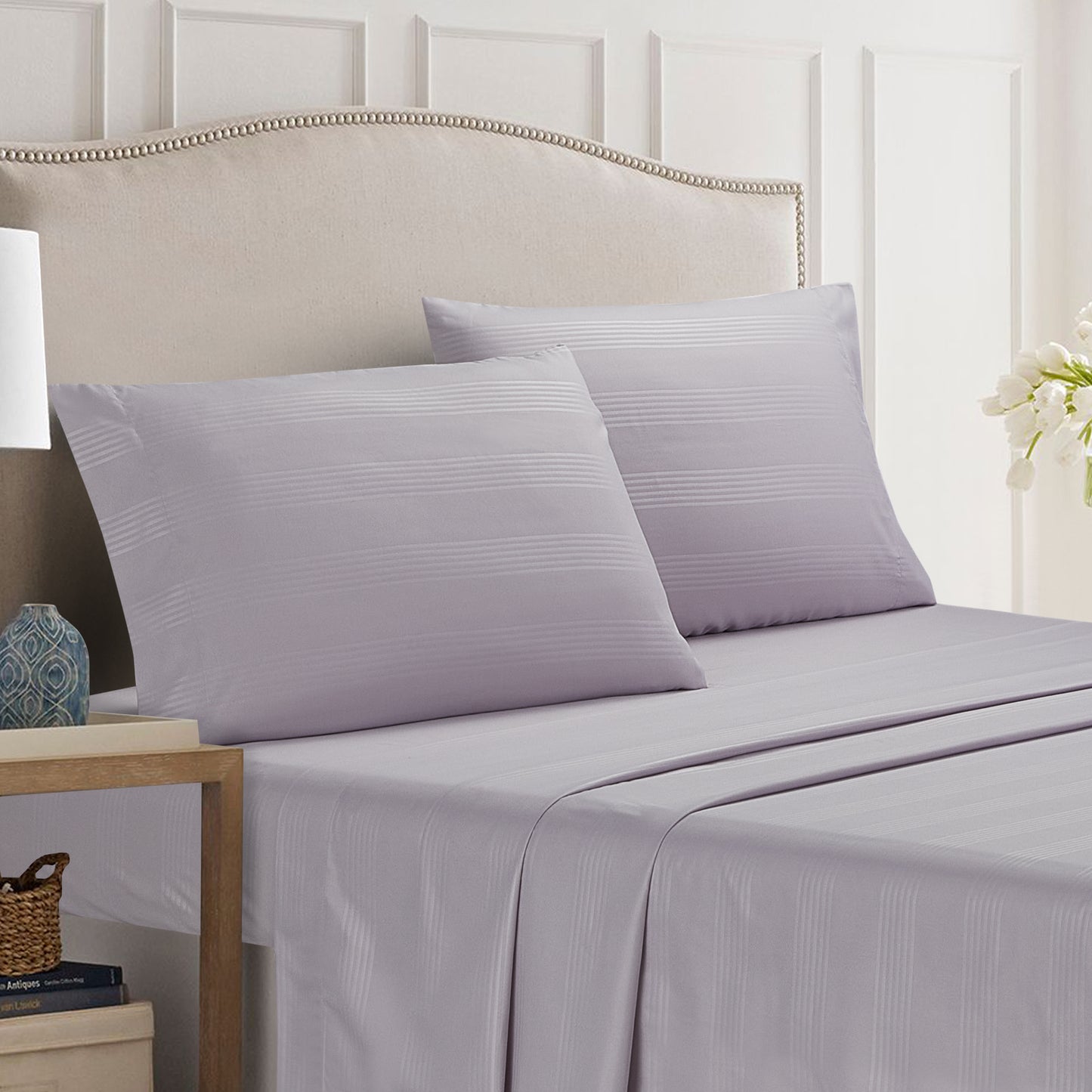4-Piece Classic Stripe Border Sheet Set - Lilac