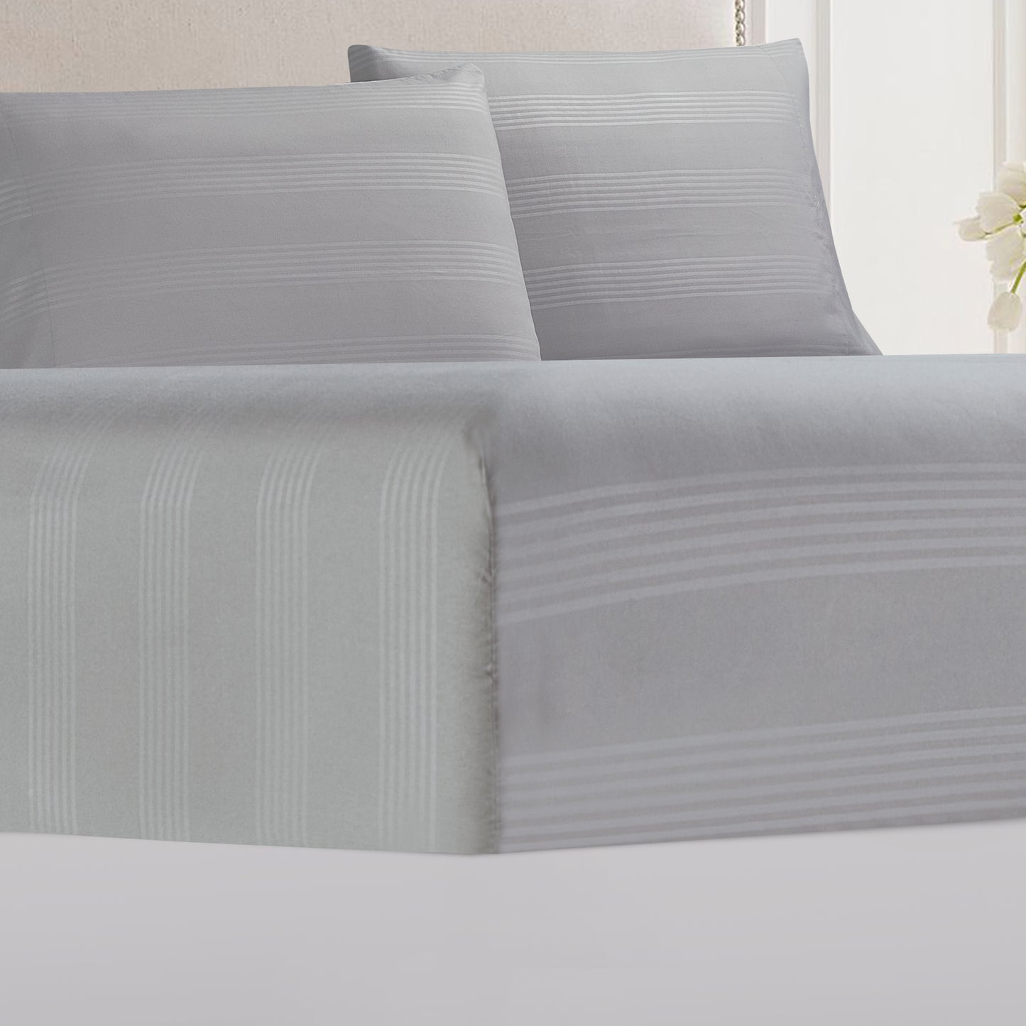 4-Piece Classic Stripe Border Sheet Set - Gray