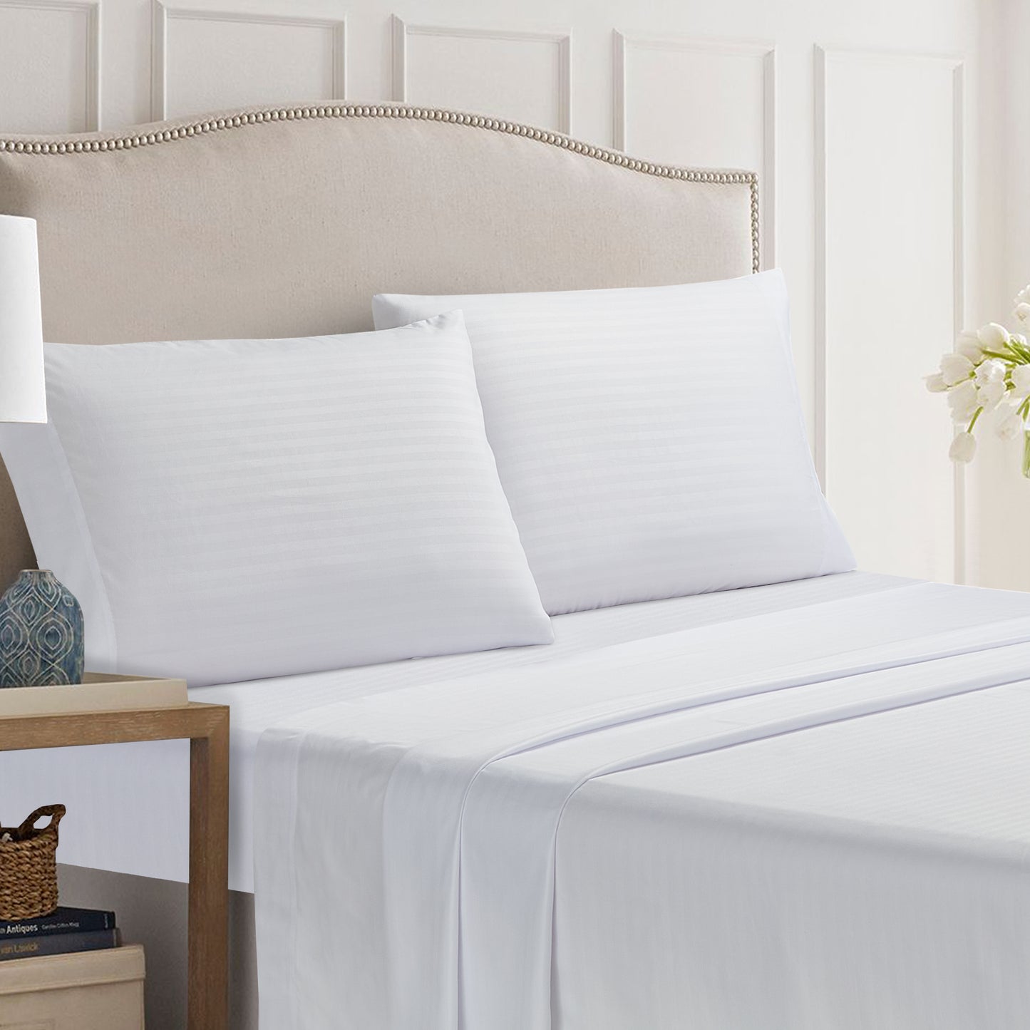 4-Piece Dobby Stripe Border Sheet Set - Bright White