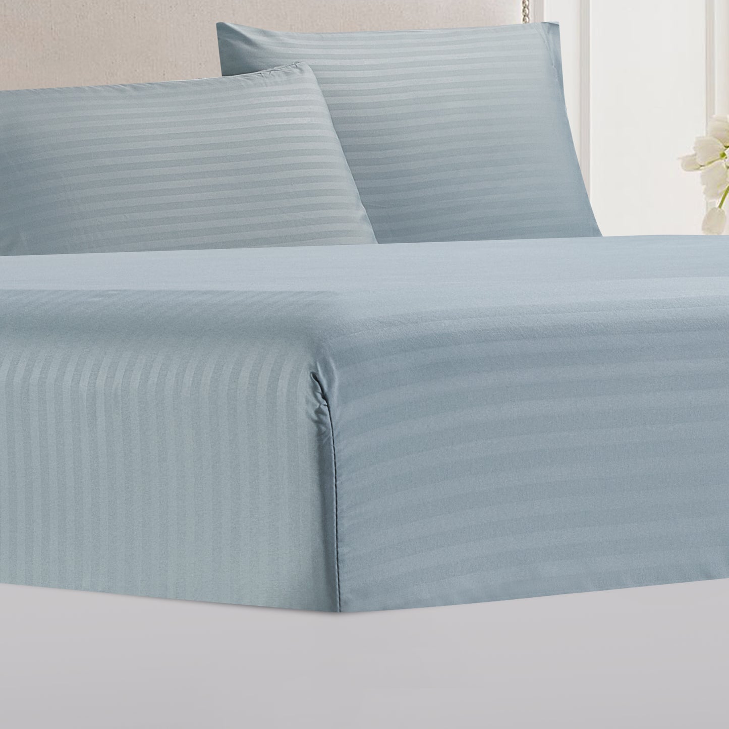 4-Piece Dobby Stripe Border Sheet Set - Pearl Blue