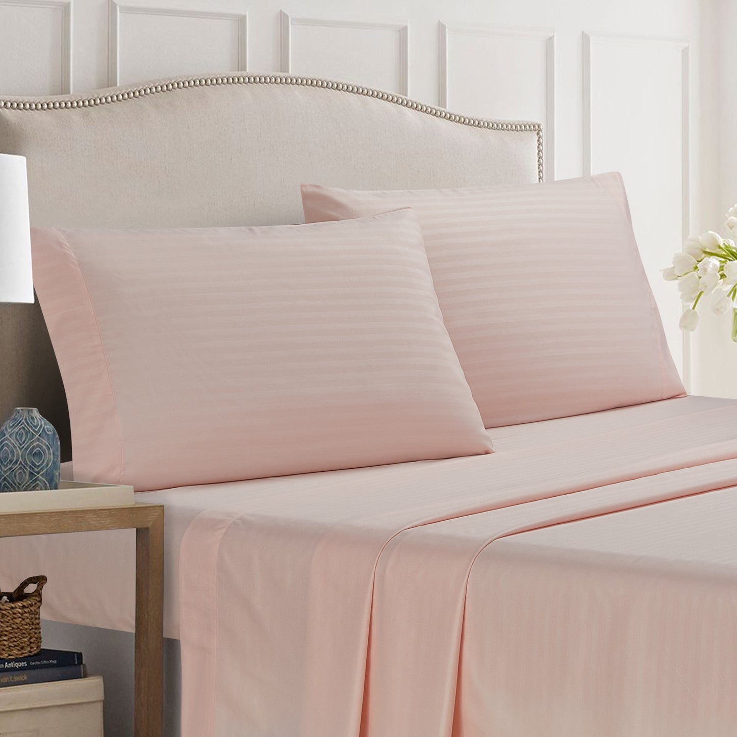 4-Piece Dobby Stripe Border Sheet Set - Wild Dove