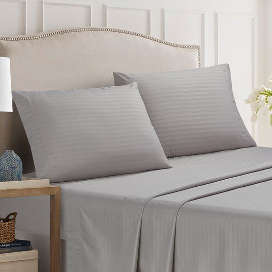 4-Piece Dobby Stripe Border Sheet Set - Sky Gray